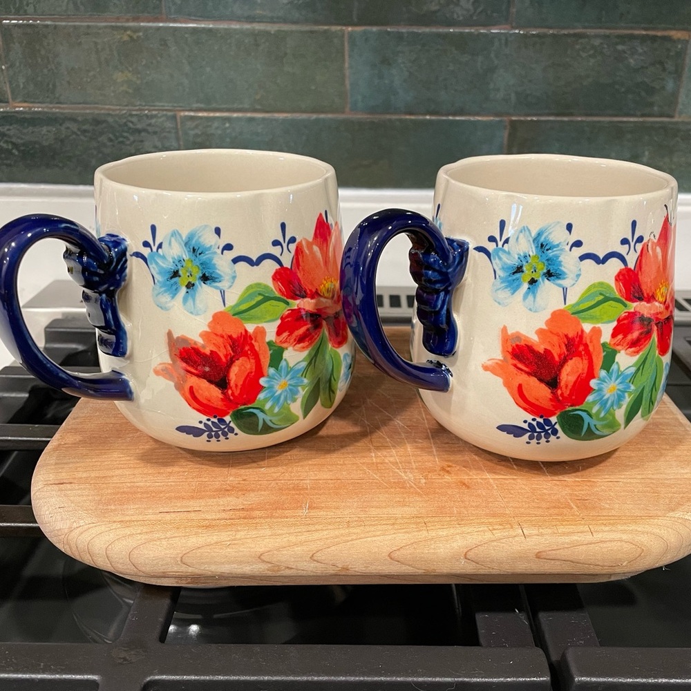 Pair of Pioneer Woman Spring Bouquet Floral Cobalt Blue Large Stoneware Mugs